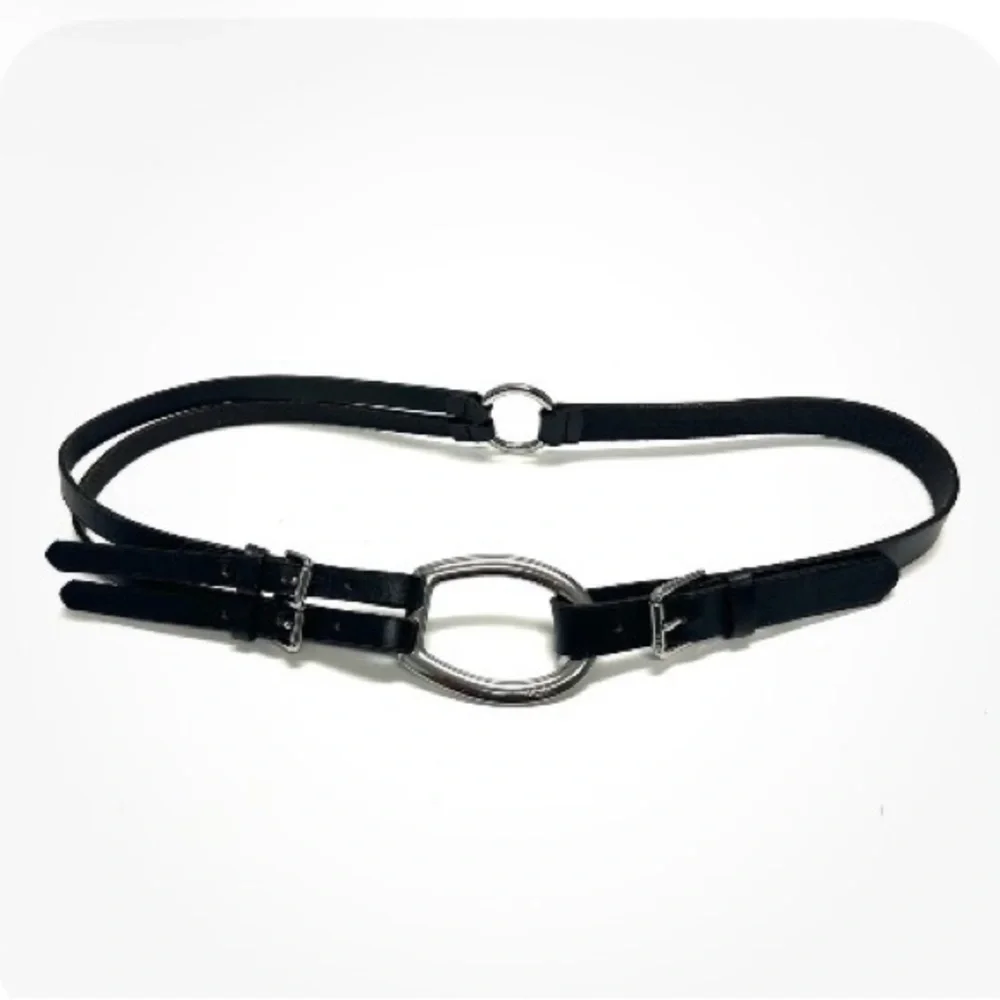 Ralph Lauren Black Double-Strap Leather Belt with Silver Oval Ring